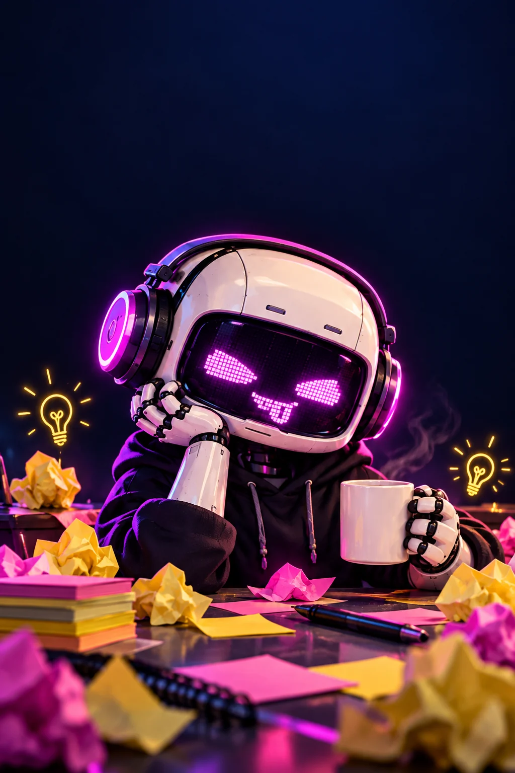 Bro, the fictional white robot with magenta headphones, grinning over a mug and a collection of questionable ideas
